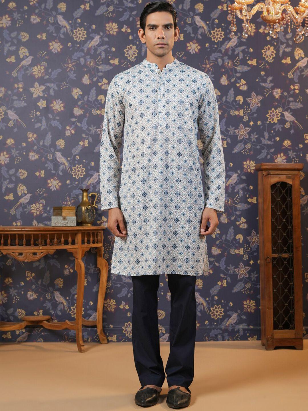 house of pataudi ethnic motifs printed thread work pure cotton kurta with trousers