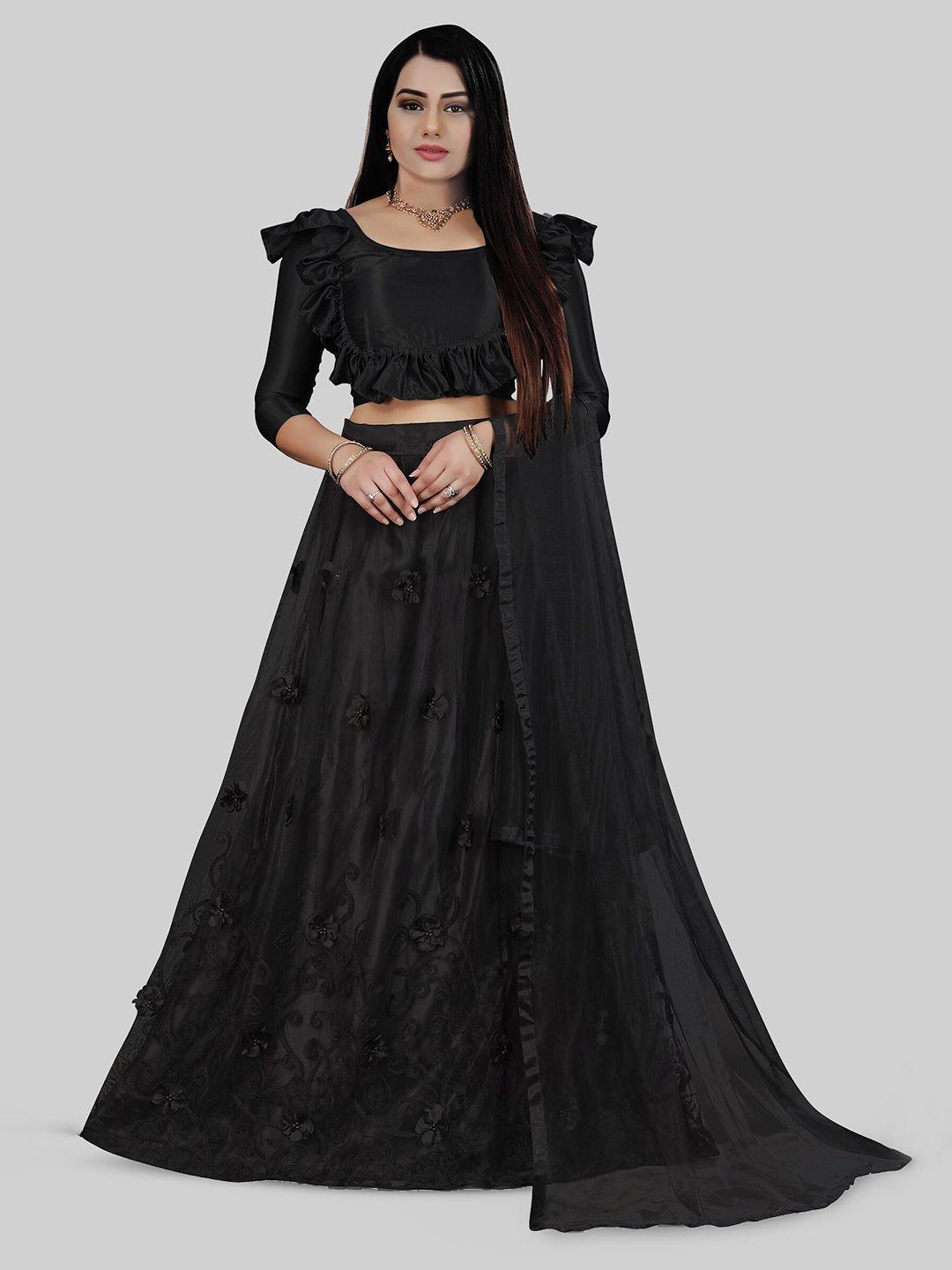 n enterprise black semi-stitched lehenga & unstitched blouse with dupatta