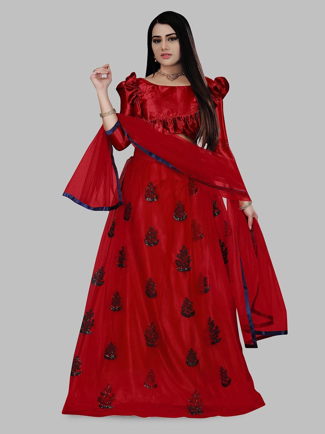 n enterprise red & black thread work semi-stitched lehenga & unstitched blouse with dupatta