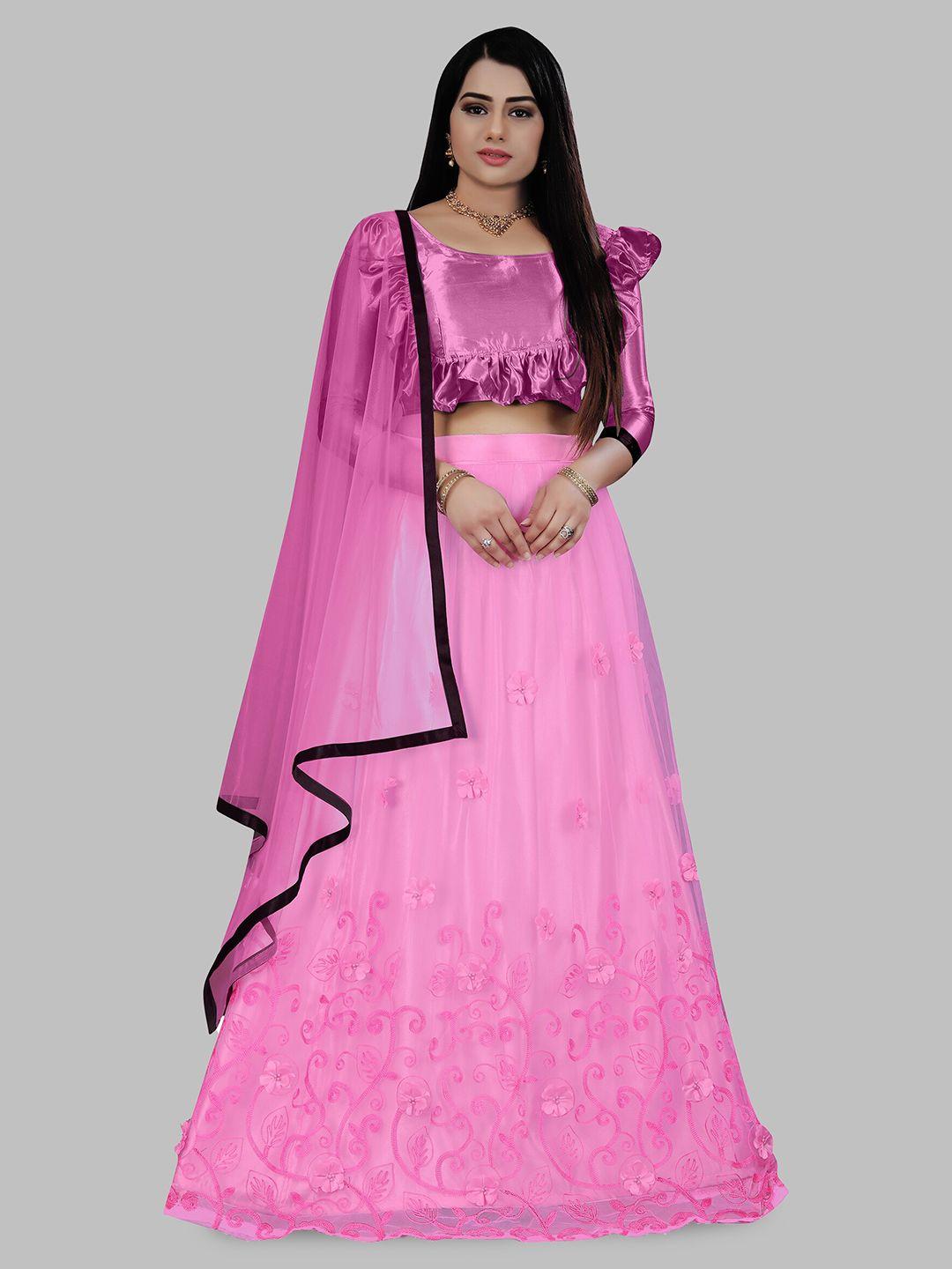 n enterprise pink & black thread work semi-stitched lehenga & unstitched blouse with dupatta