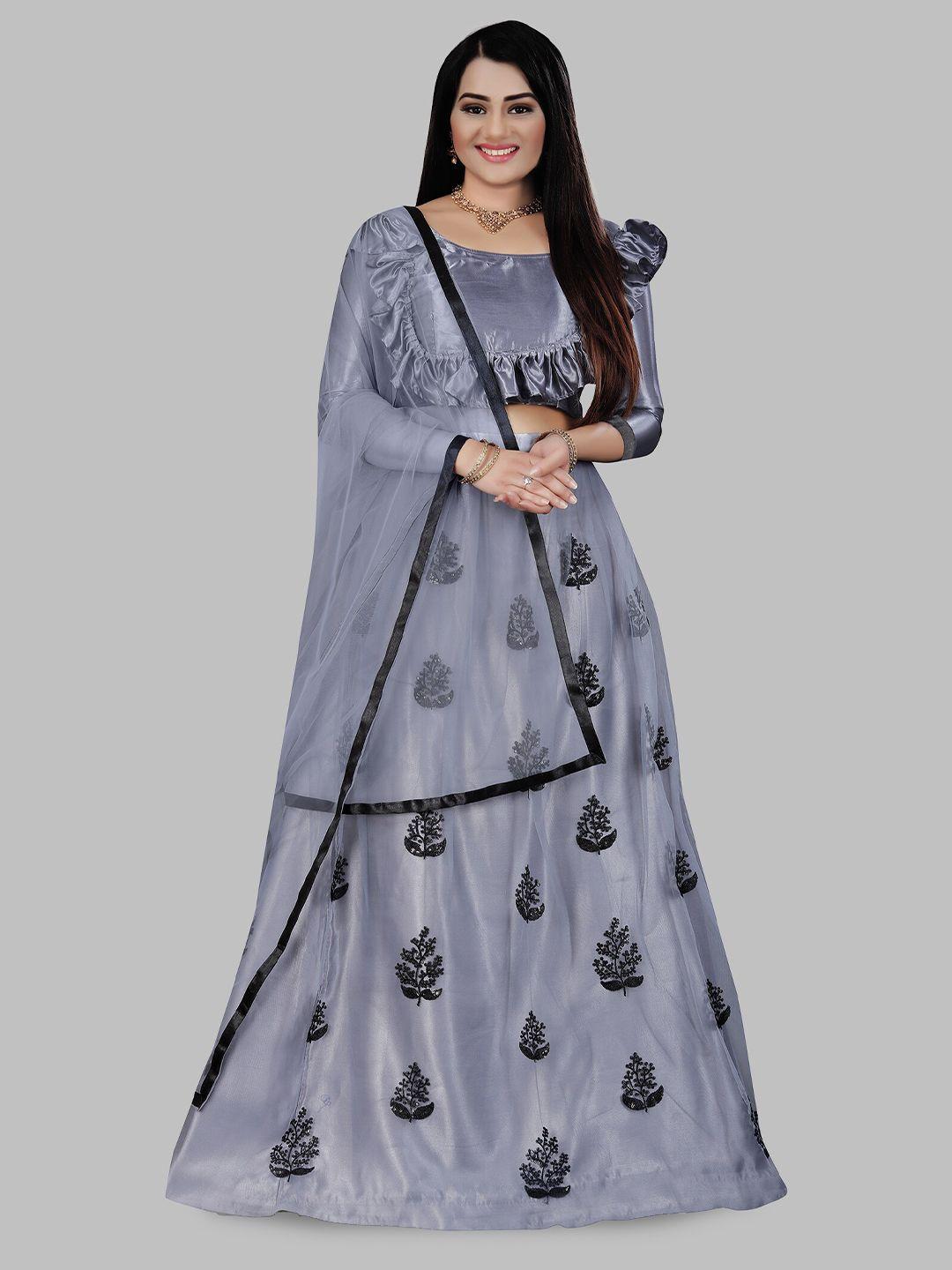 n enterprise grey & black thread work semi-stitched lehenga & unstitched blouse with dupatta