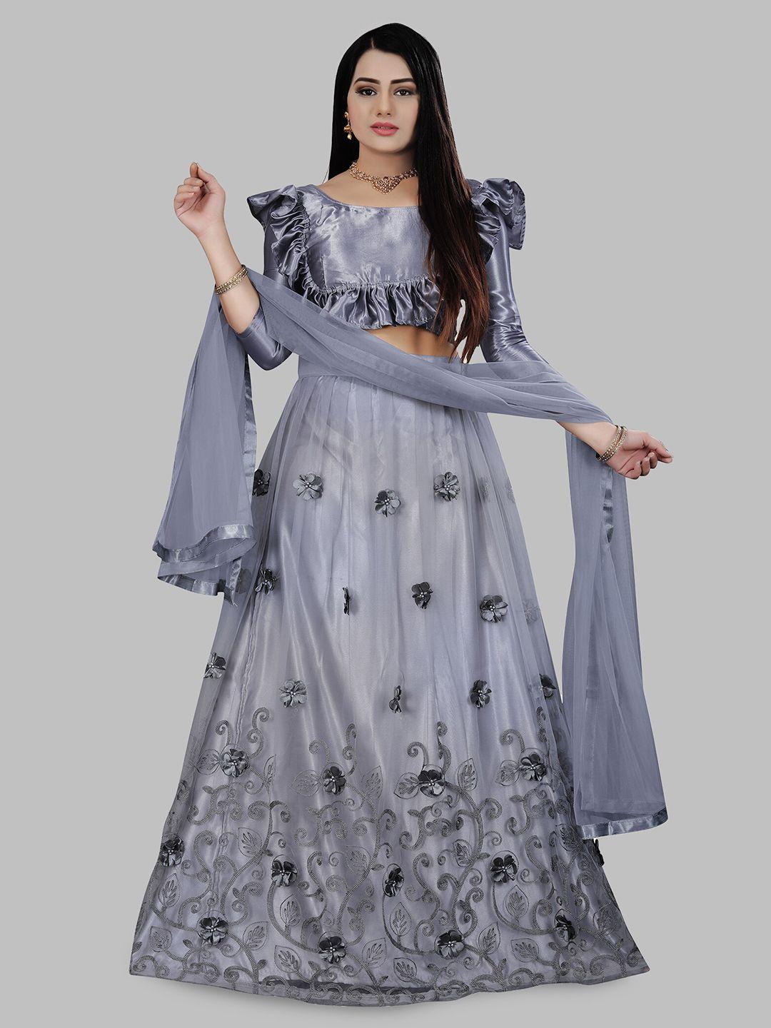 n enterprise grey & black thread work semi-stitched lehenga & unstitched blouse with dupatta