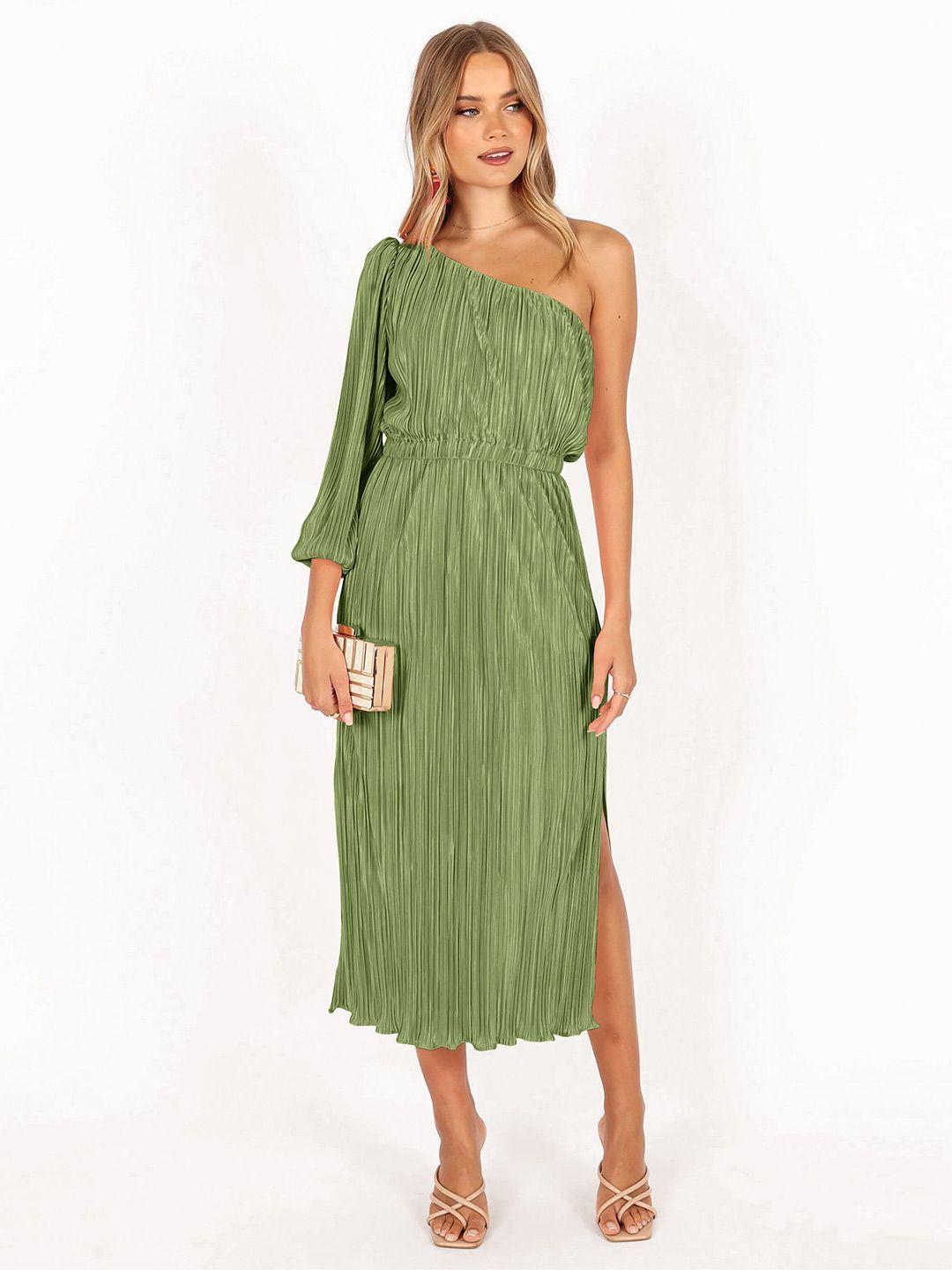 stylecast green self design one shoulder a-line midi dress