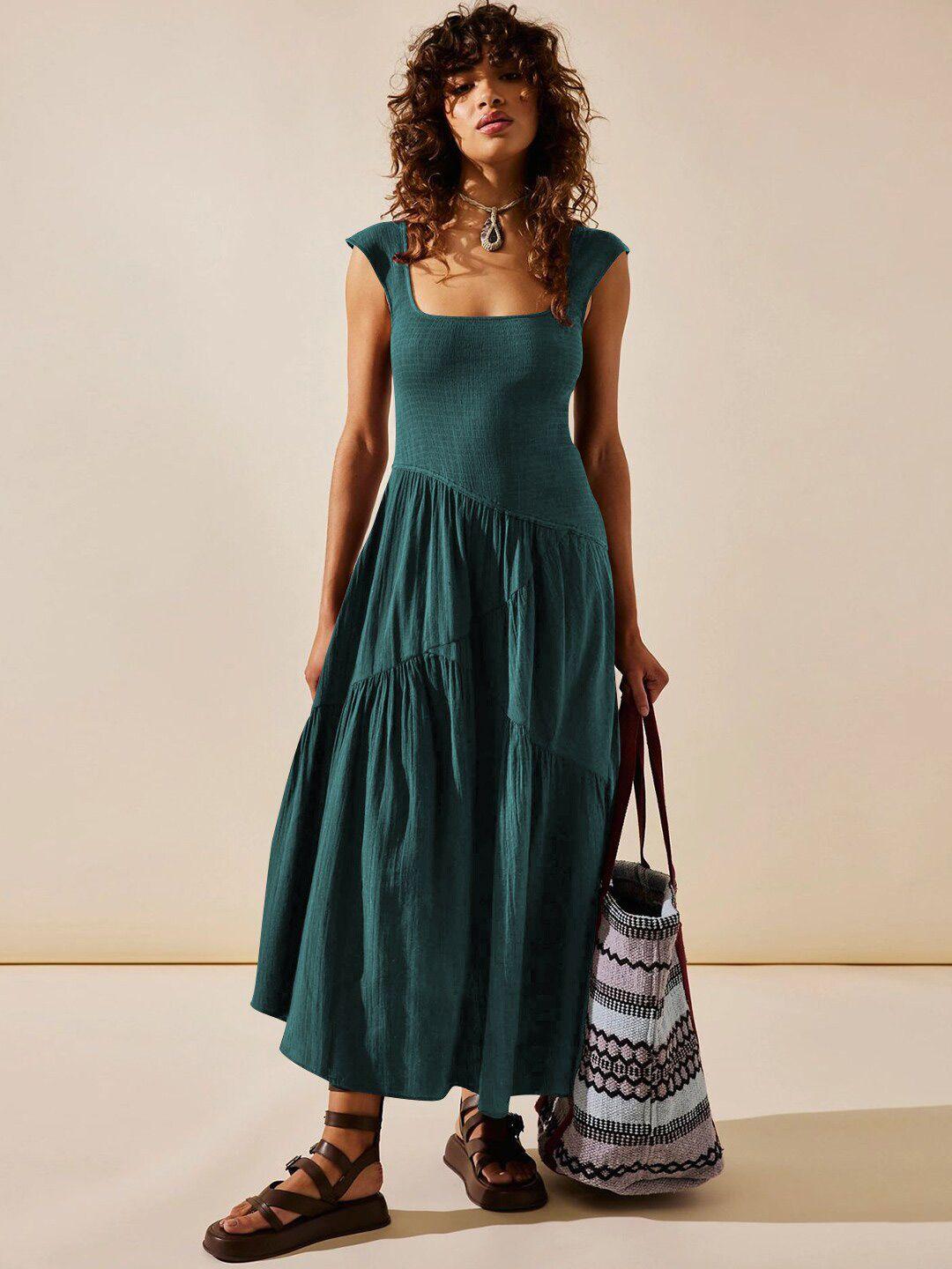 stylecast green square neck shoulder straps smocked maxi dress