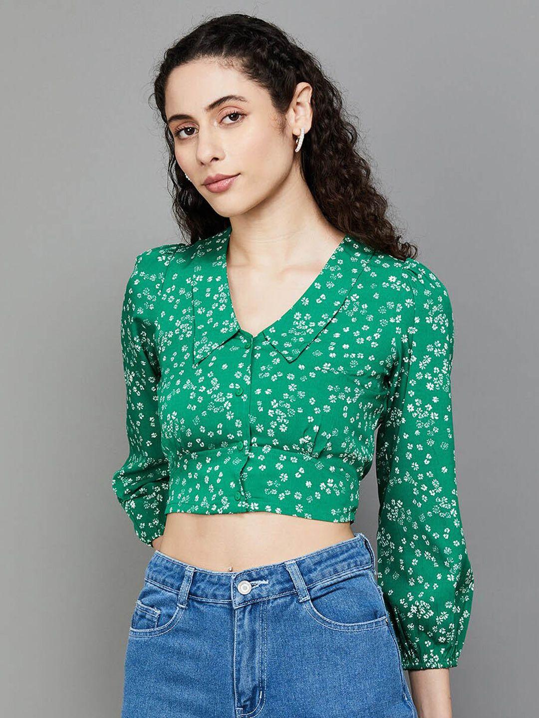 ginger by lifestyle floral printed shirt collar puff sleeves cut-out detailed crop top