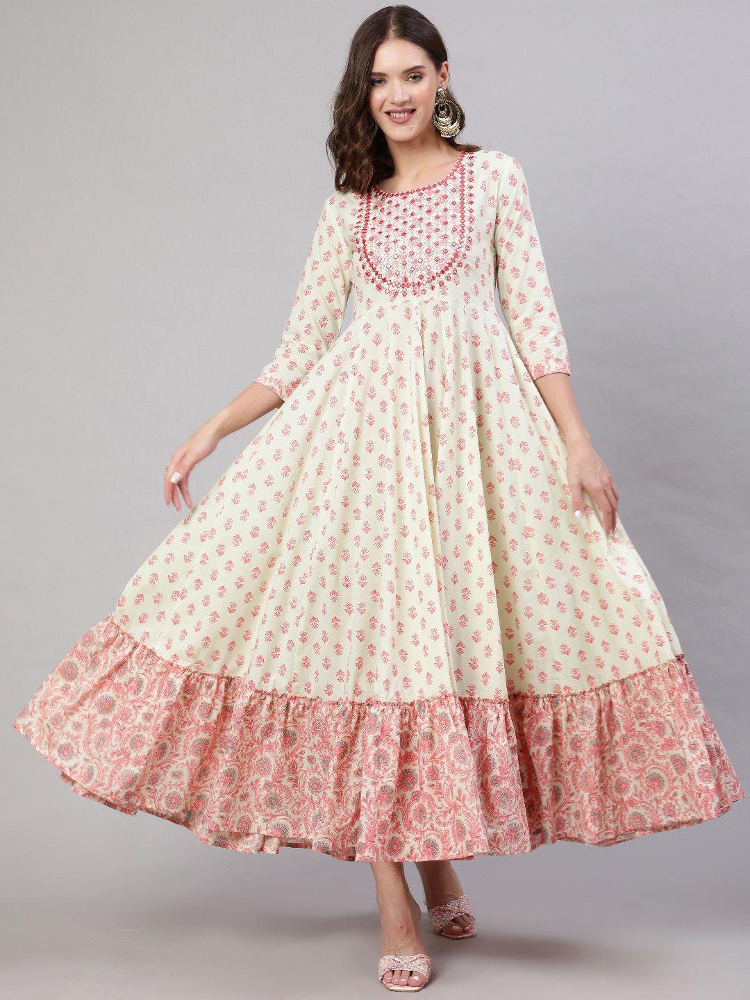 nishabd women peach-coloured paisley printed keyhole neck anarkali kurta