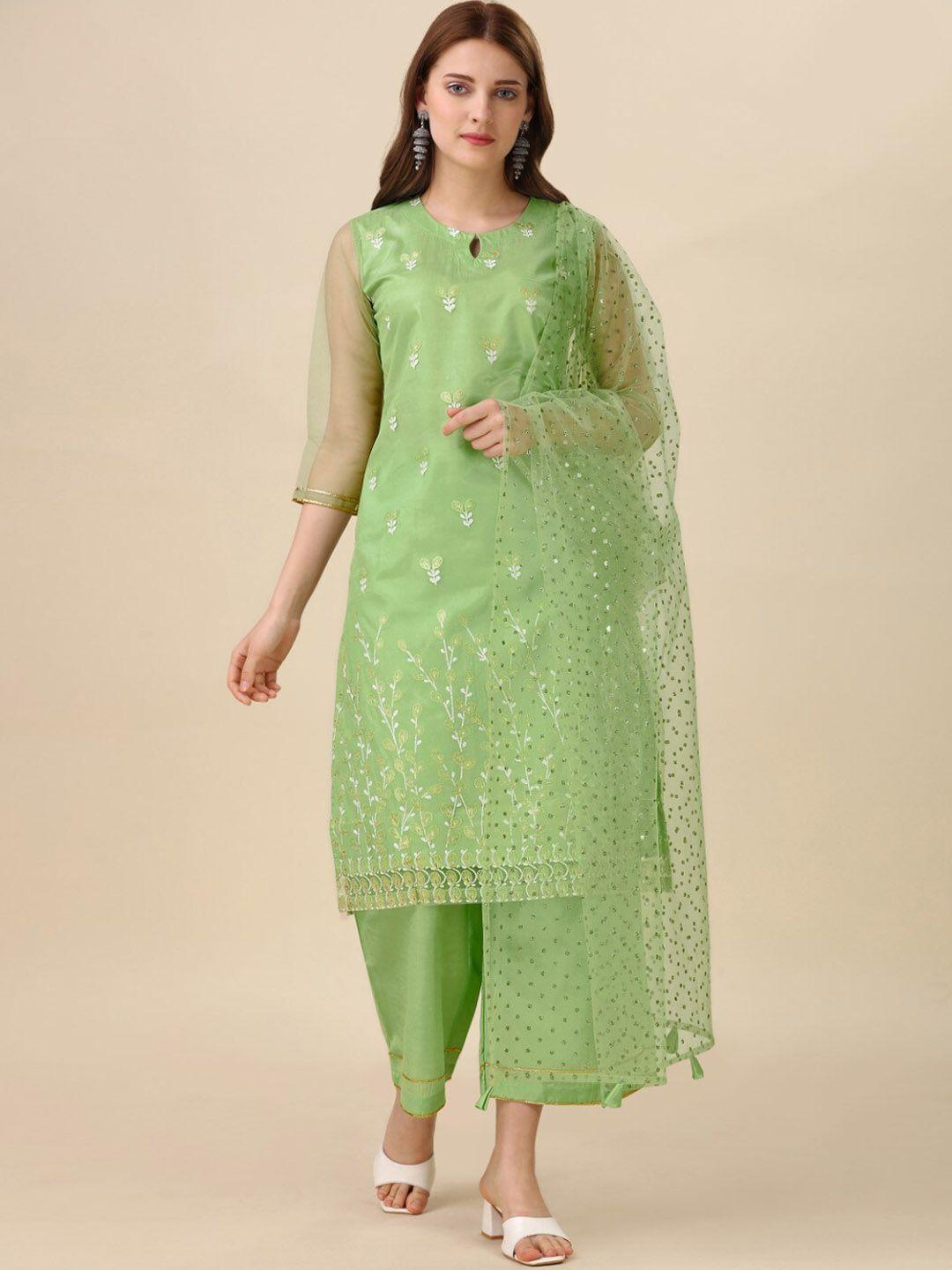 modestouze attires ethnic motifs embroidered net straight kurta with palazzos & dupatta