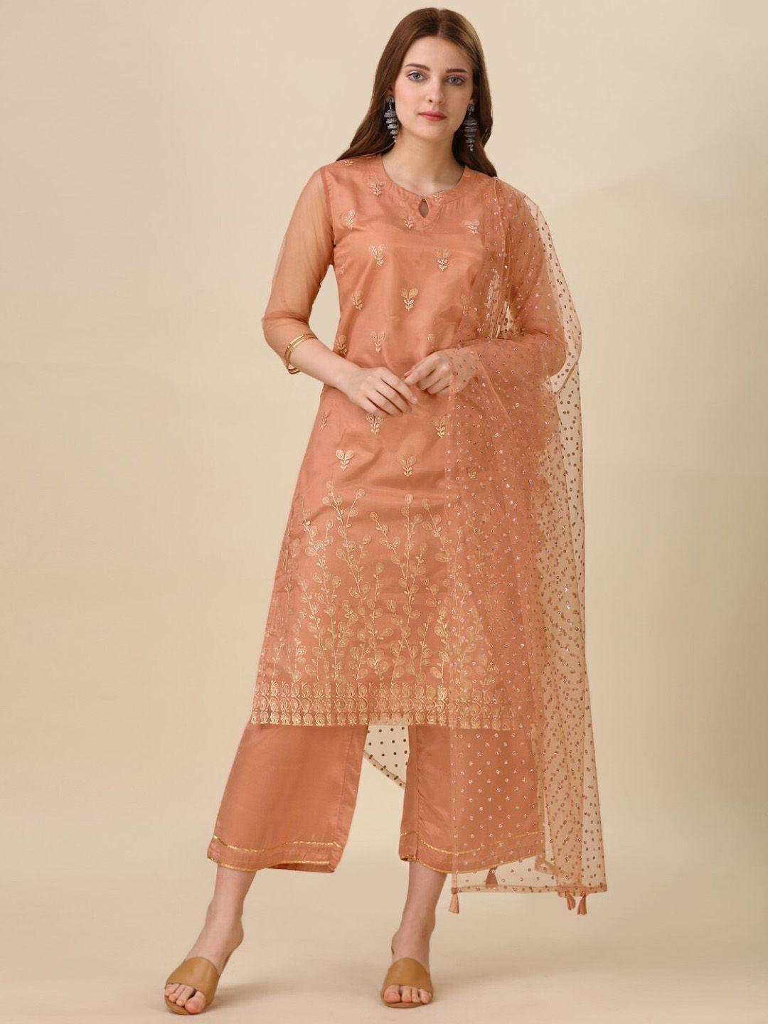 modestouze attires ethnic motifs embroidered net straight kurta & palazzos with dupatta