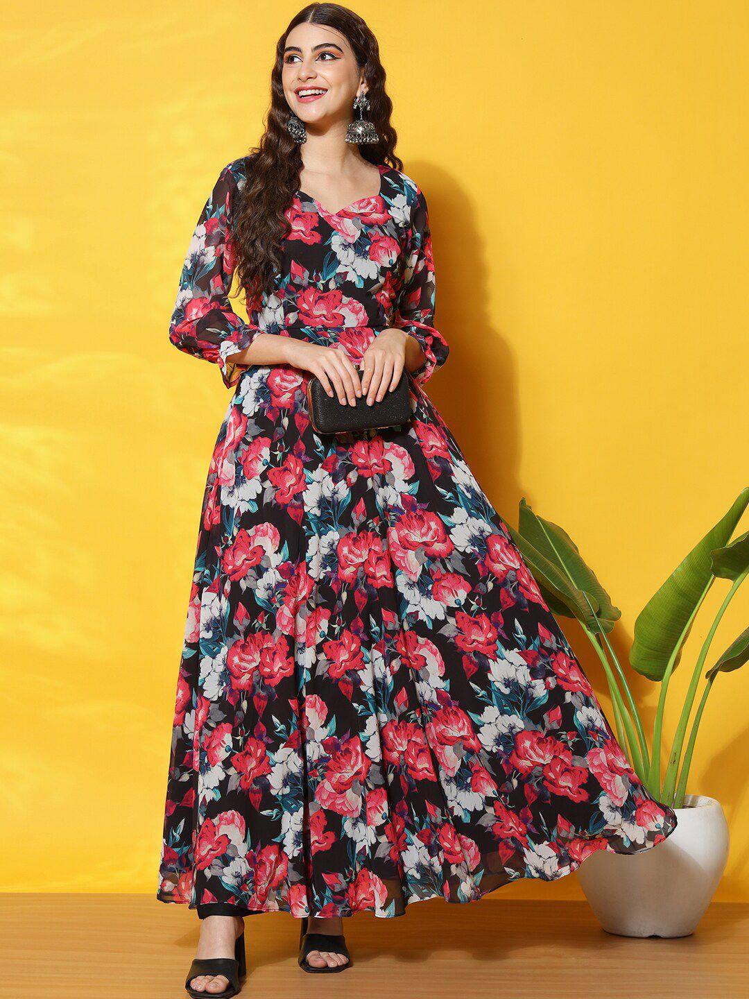 black scissor floral printed sweetheart neck anarkali kurta