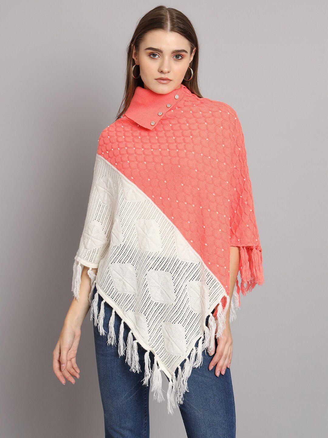 ewools geometric self design turtle neck embellished poncho sweaters