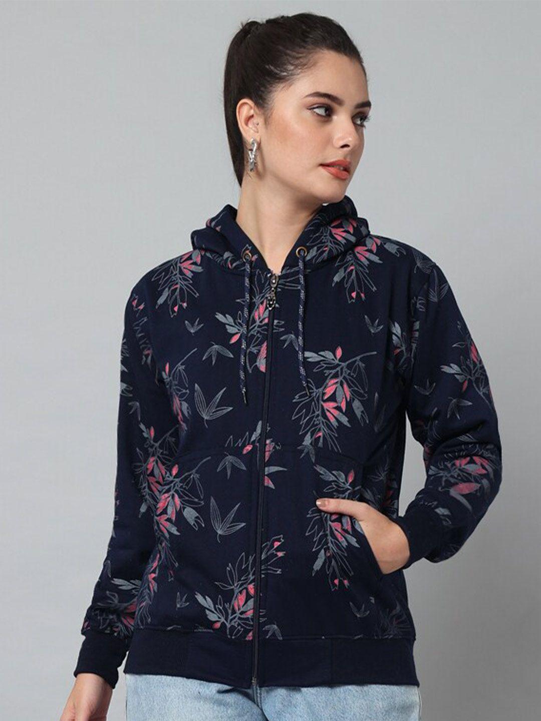 ewools floral printed hooded front-open sweatshirt