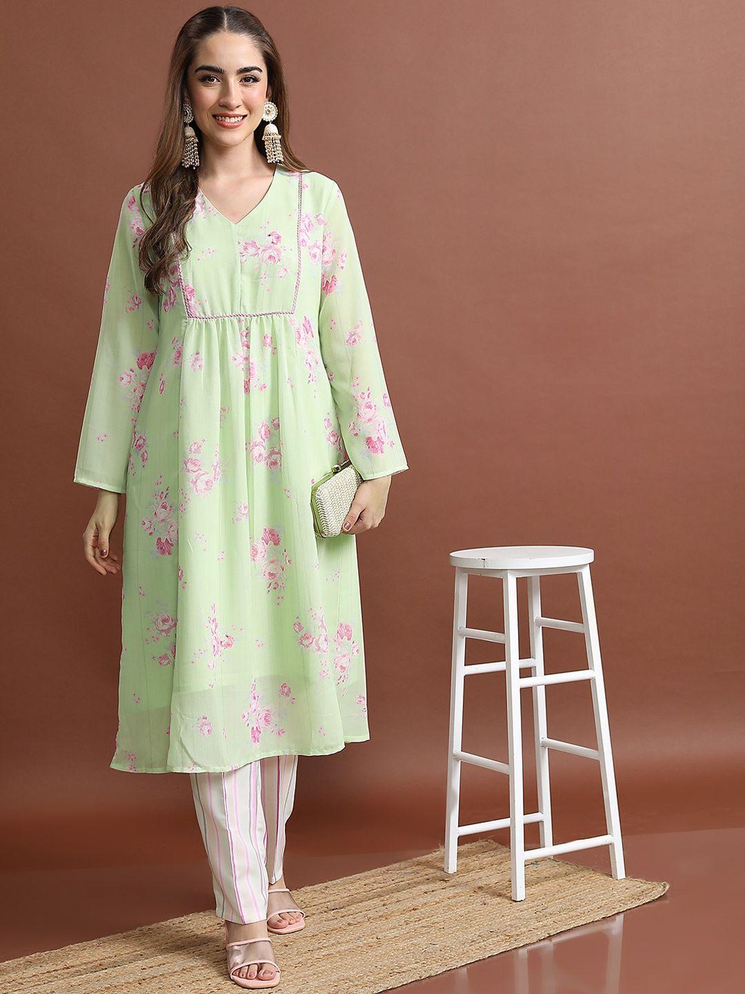 vishudh floral printed a-line kurta with trousers