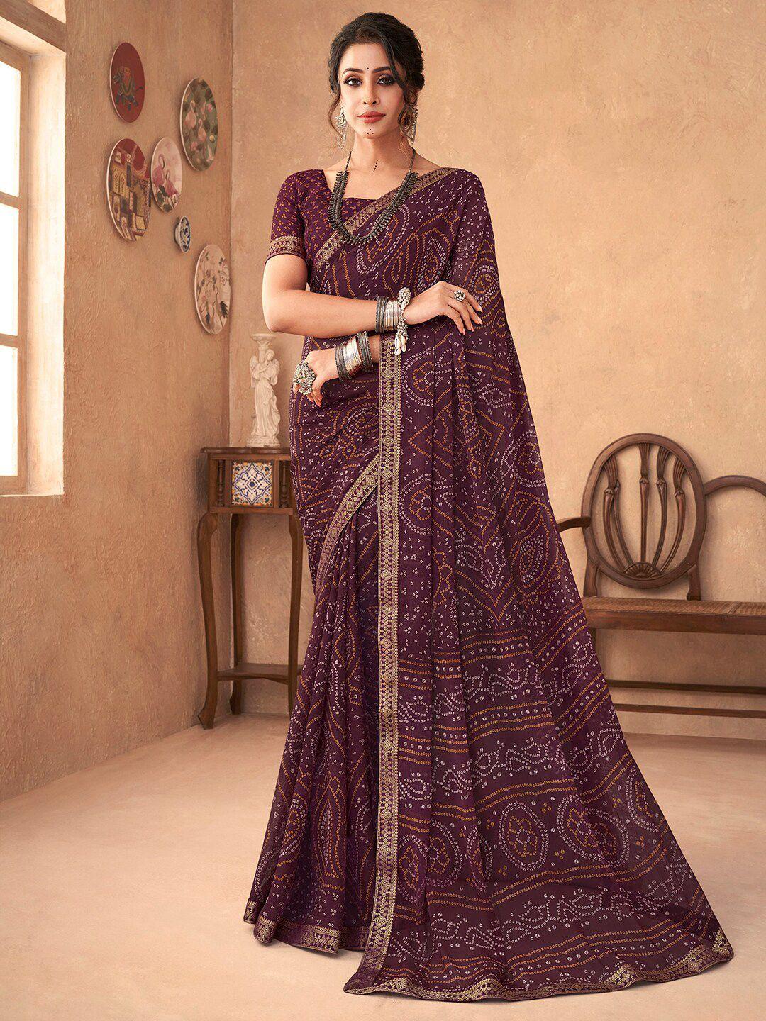 anouk purple printed zari pure chiffon bandhani saree