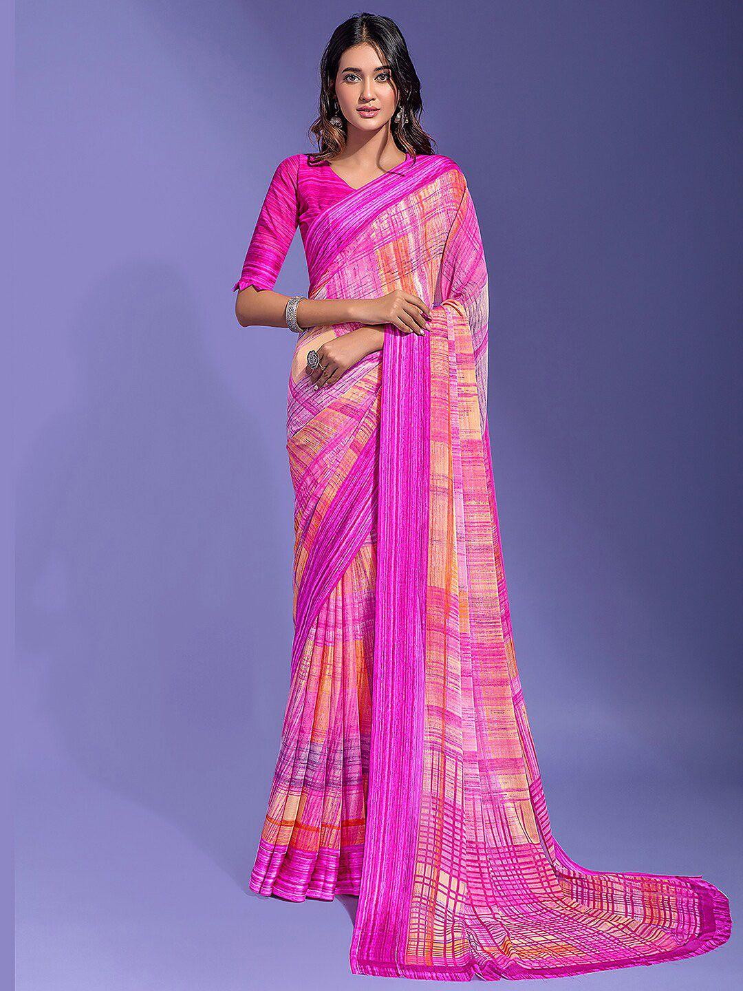 anouk pink & orange abstract block printed pure chiffon saree