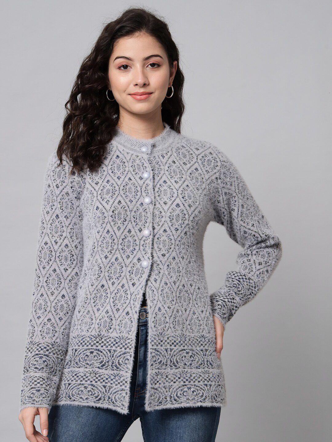 ewools ethnic motifs printed round neck woollen cardigan