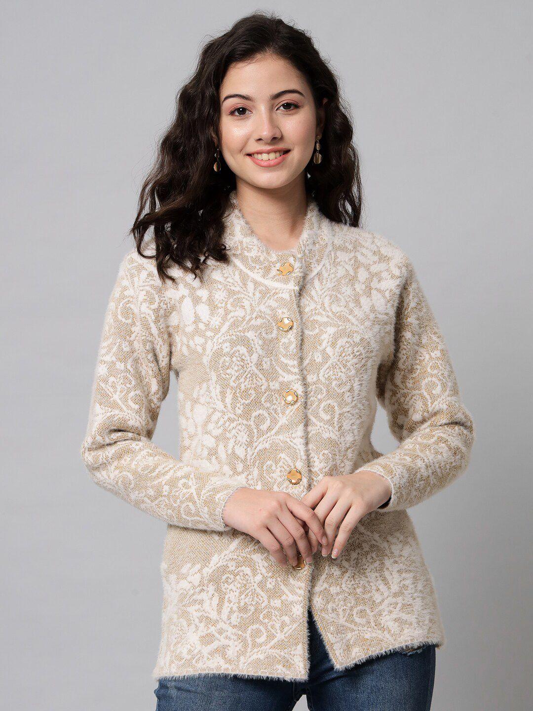 ewools ethnic motifs printed round neck woollen cardigan