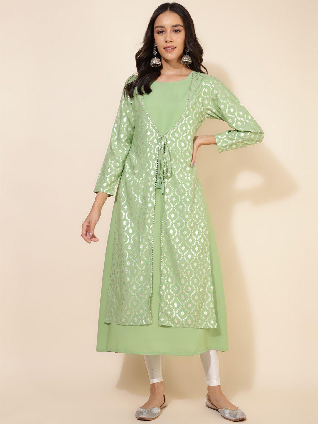 janasya floral foil printed with gotta patti detailed crepe a-line kurta