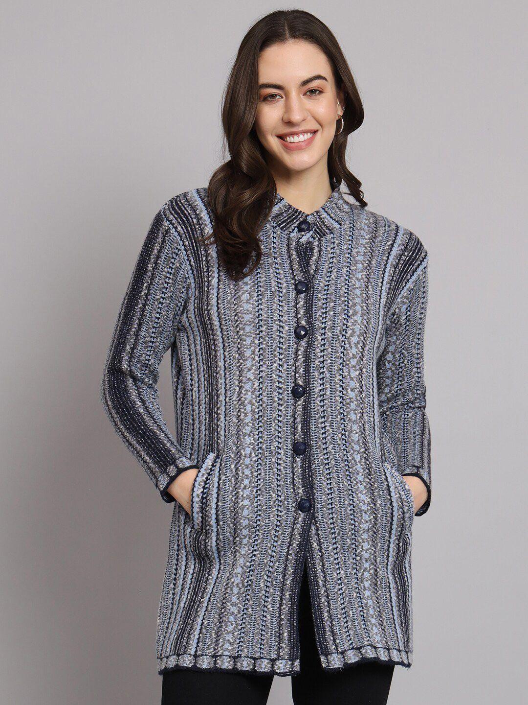 ewools striped band collar acrylic wool longline cardigan sweater