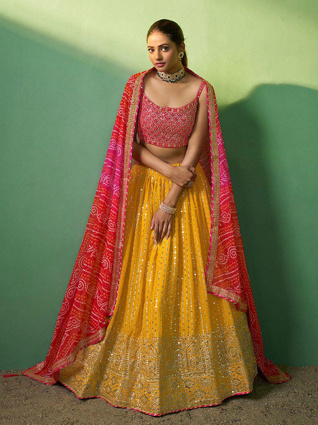 fusionic embroidered sequinned semi-stitched lehenga & unstitched blouse with dupatta