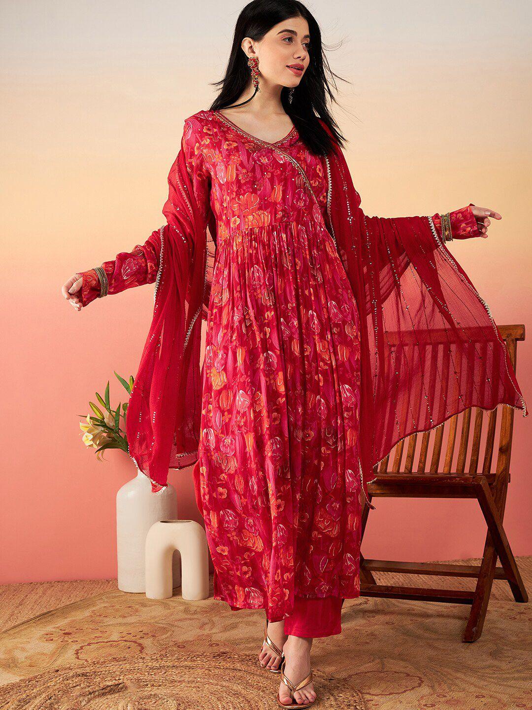 sangria floral printed sequin chinon kurta & shantoon trouser with dupatta