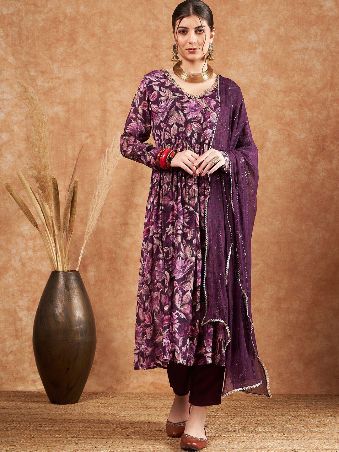 sangria floral printed sequined silk georgette anarkali kurta with trouser & dupatta