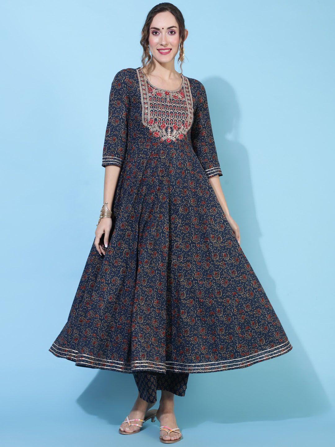 kimayra ethnic motifs printed thread work cotton anarkali kurta with palazzos & dupatta