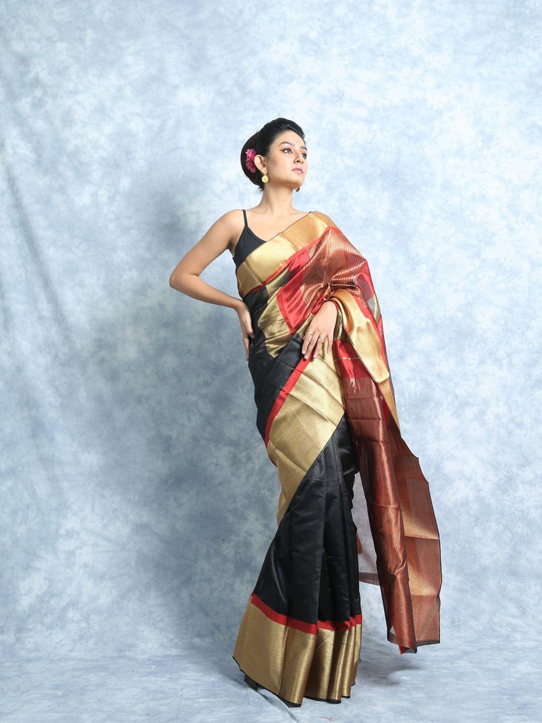 here&now black & gold-toned striped zar mysore silk saree