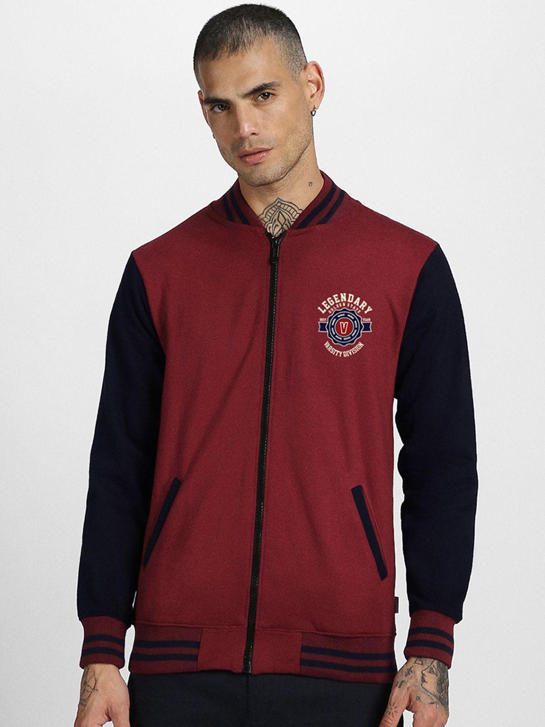 veirdo men blue colourblocked fleece bomber with embroidered jacket