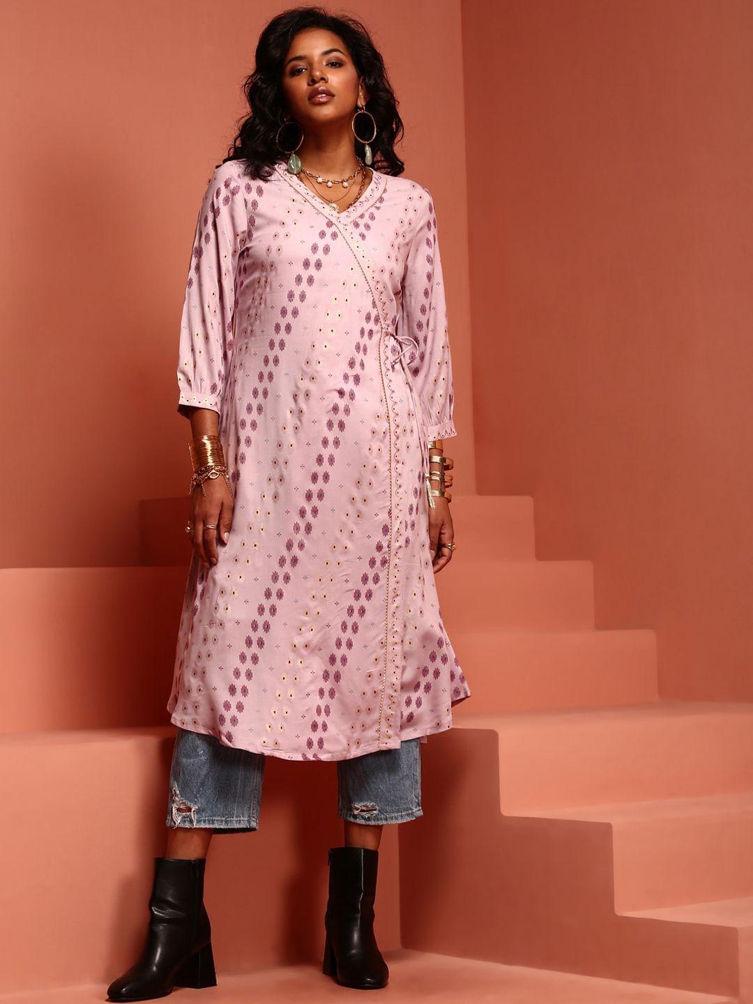 imara geometric printed v- neck puff sleeves angrakha kurta