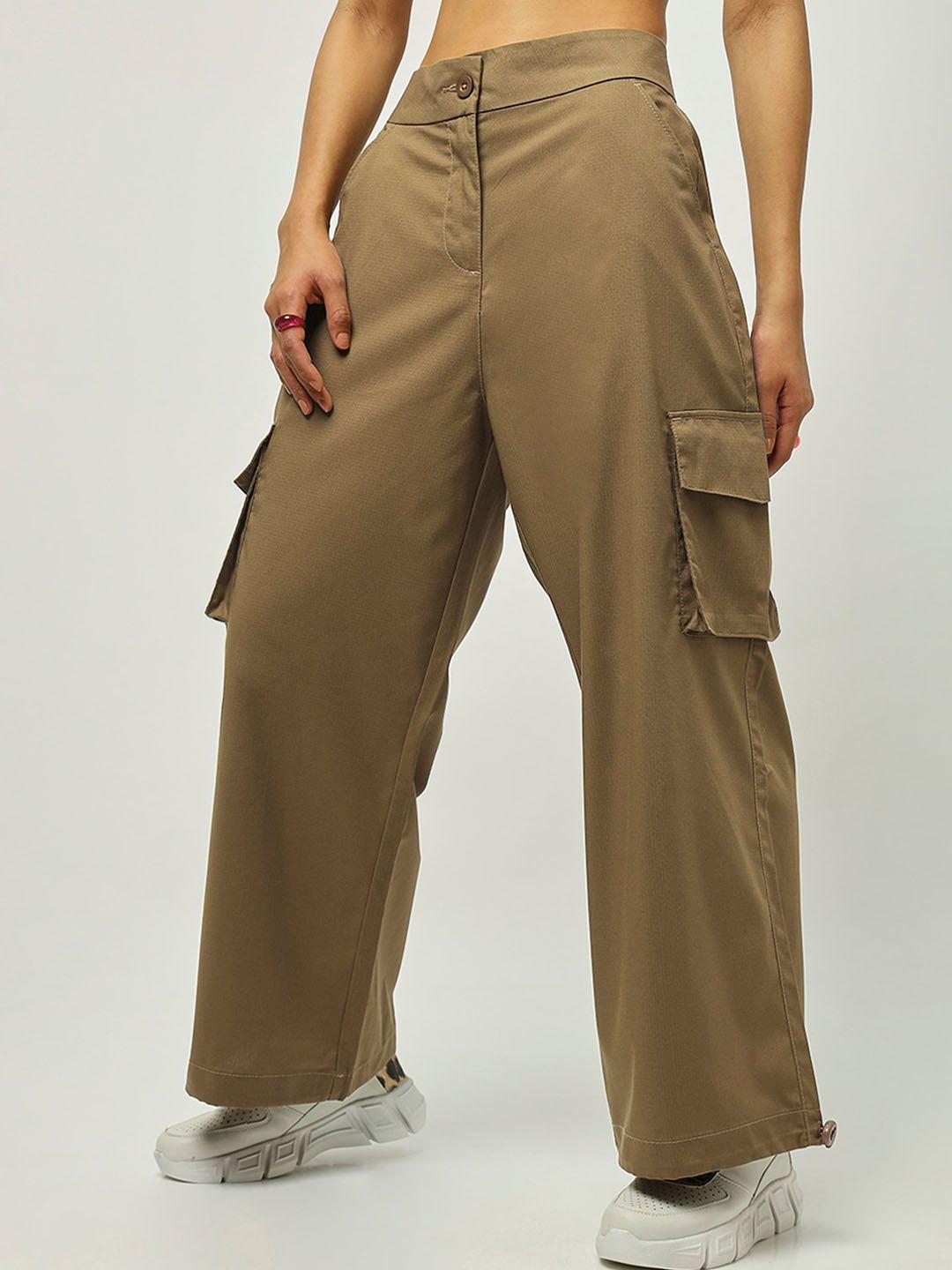 bewakoof women brown loose fit cotton cargo trousers