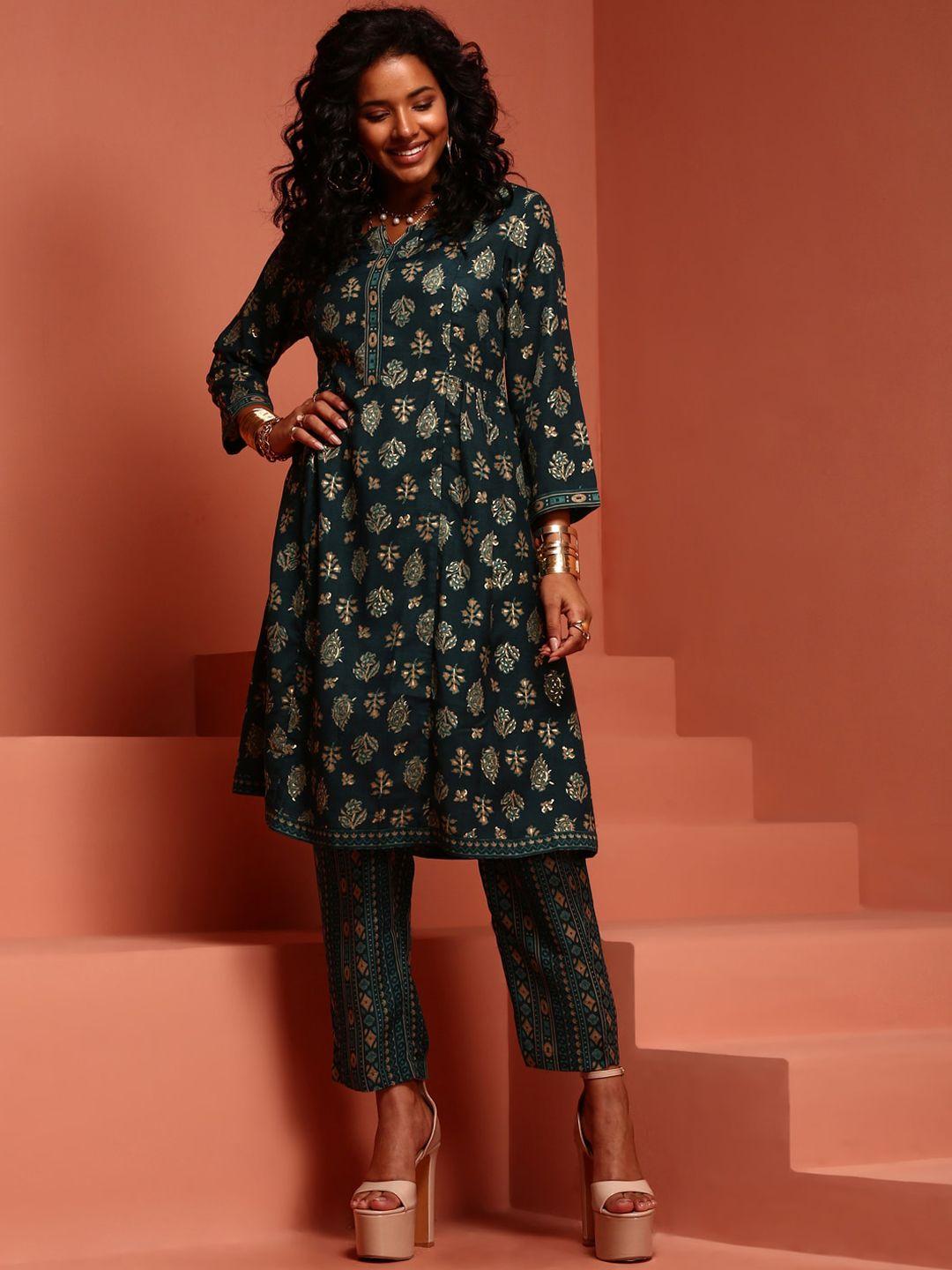 imara women teal ethnic motifs printed empire kurta with trousers