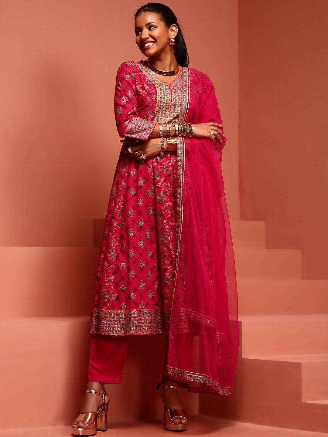 imara ethnic motifs printed a-line kurta with trousers & dupatta