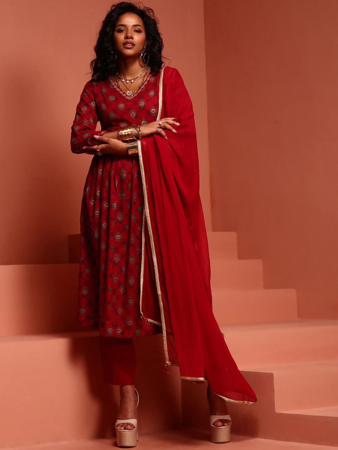 imara ethnic motifs printed empire anarkali kurta with trousers & with dupatta