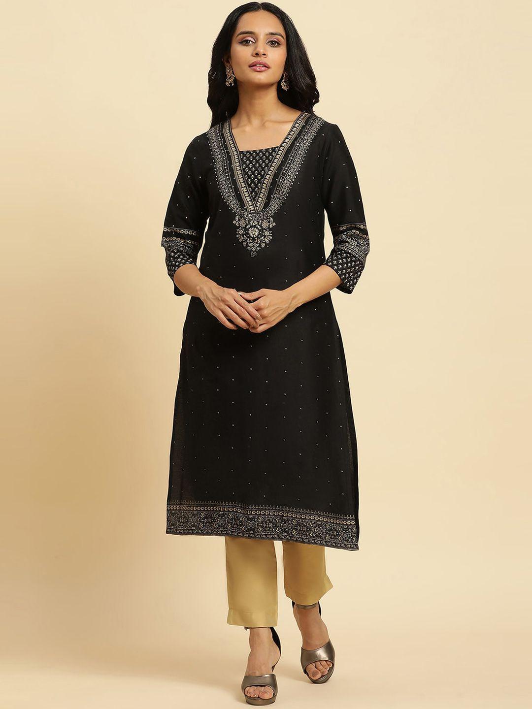 w black floral yoke design sequinned straight kurta