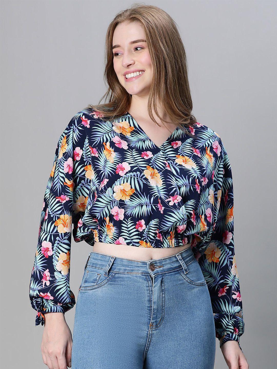 oxolloxo floral printed puff sleeve blouson crop top