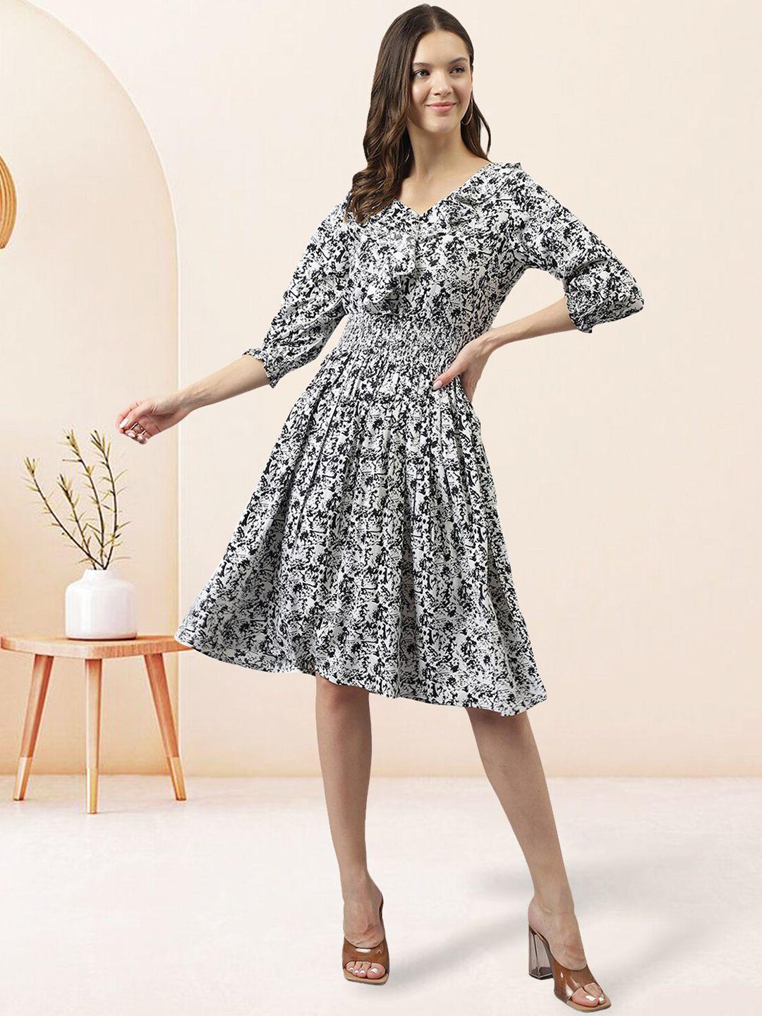 baesd white abstract printed v-neck cuffed sleeves fit & flare dress