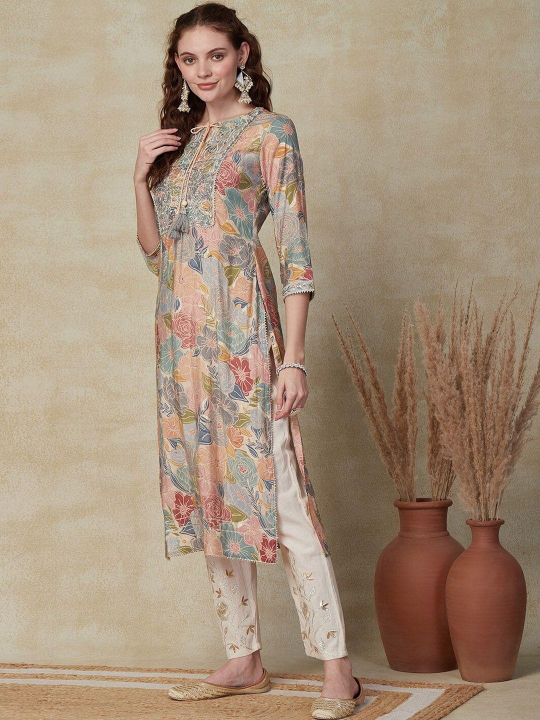 fashor cream coloured floral printed tie-up neck sequinned kurta