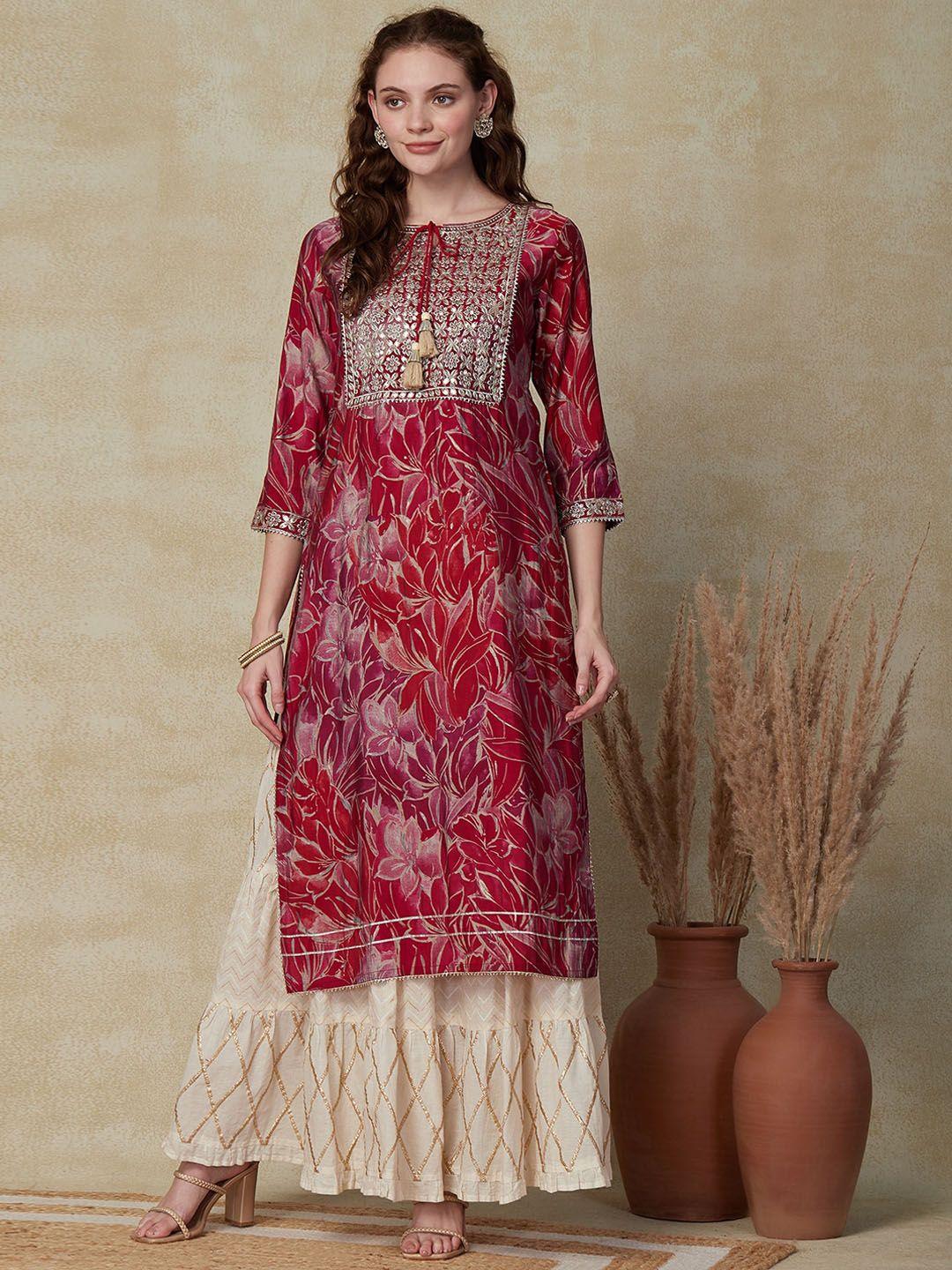 fashor magenta floral printed tie-up neck sequinned kurta