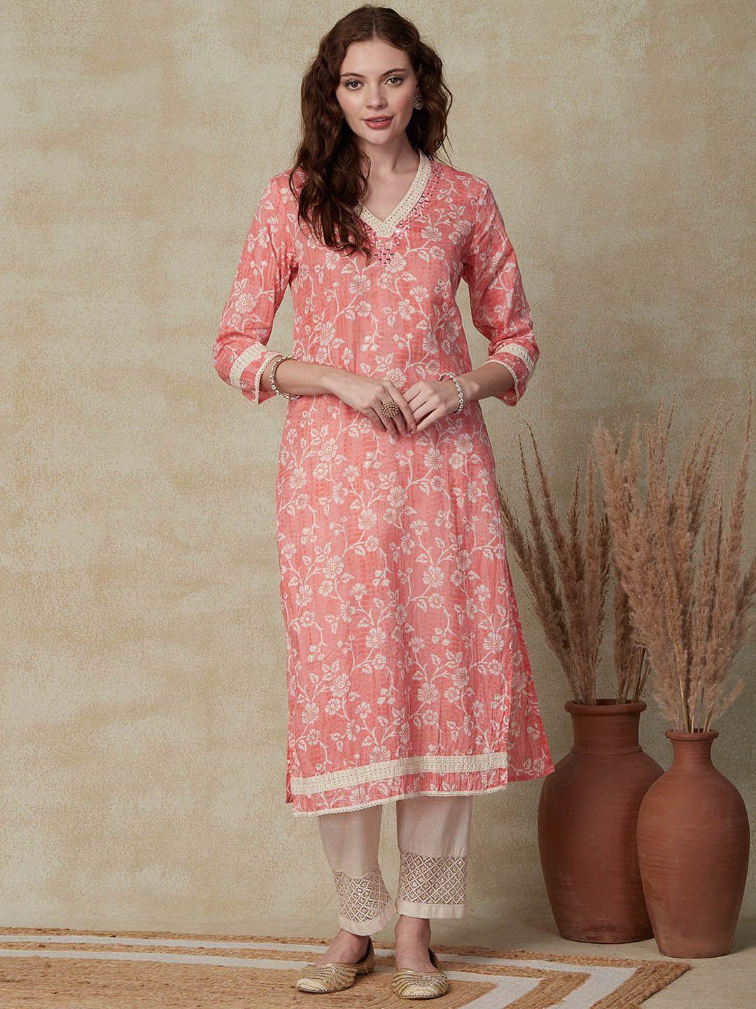 fashor peach-coloured floral printed mirror work kurta