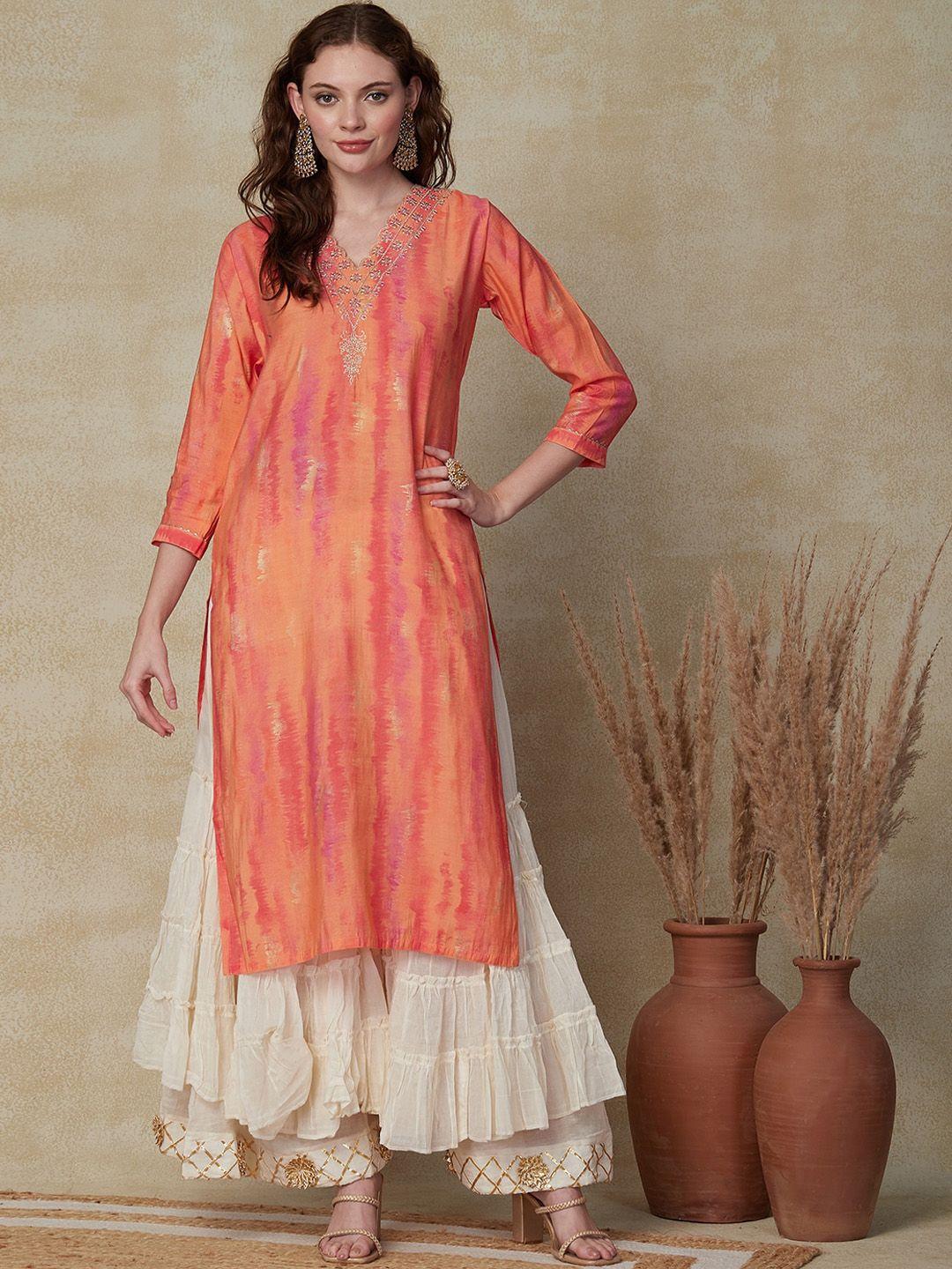 fashor peach coloured abstract printed sequinned thread work kurta