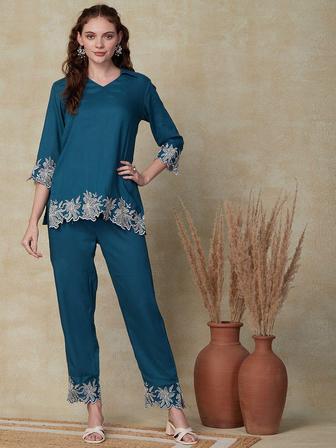 fashor teal floral embroidered shirt collar top with trouser