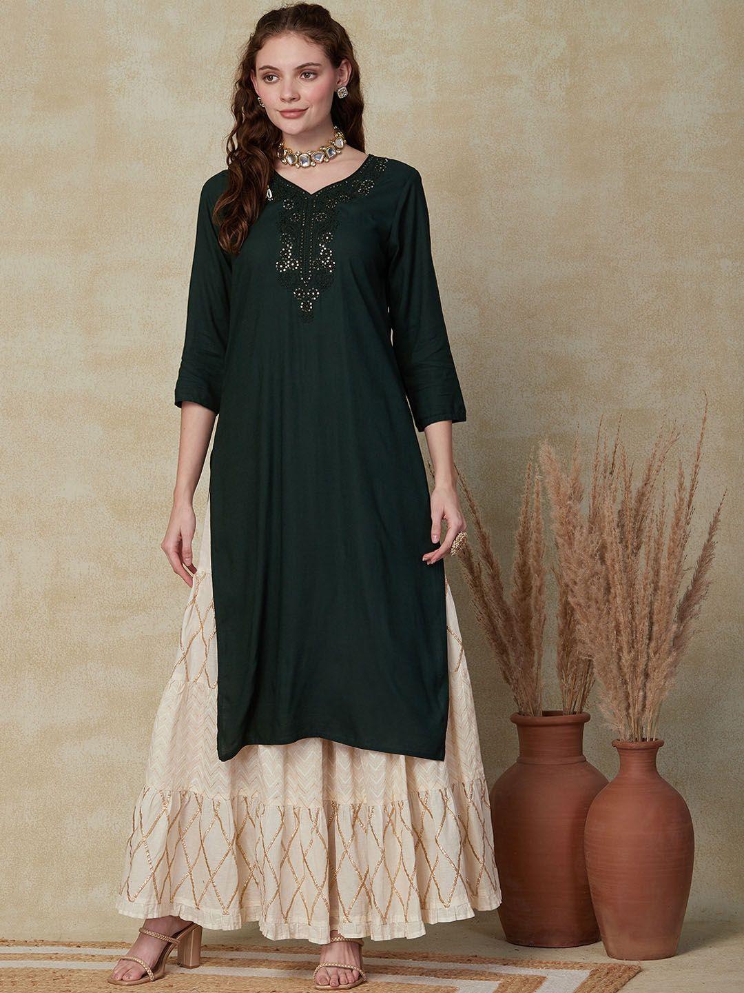 fashor green v-neck sequinned kurta