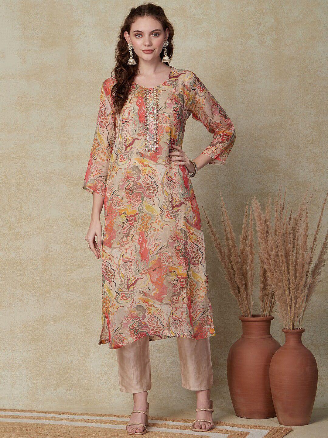 fashor abstract printed v-neck mirror work organza straight kurta & trouser with dupatta