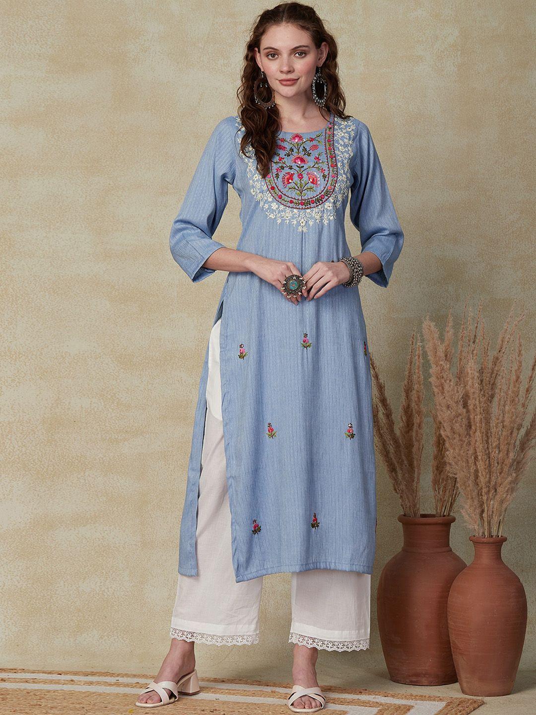 fashor floral embroidered thread work sequin deatil dobby straight kurta