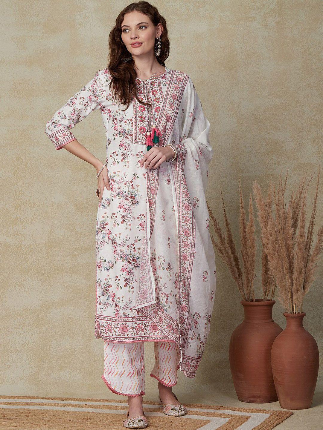 fashor floral printed keyhole neck thread work straight kurta & trouser with dupatta