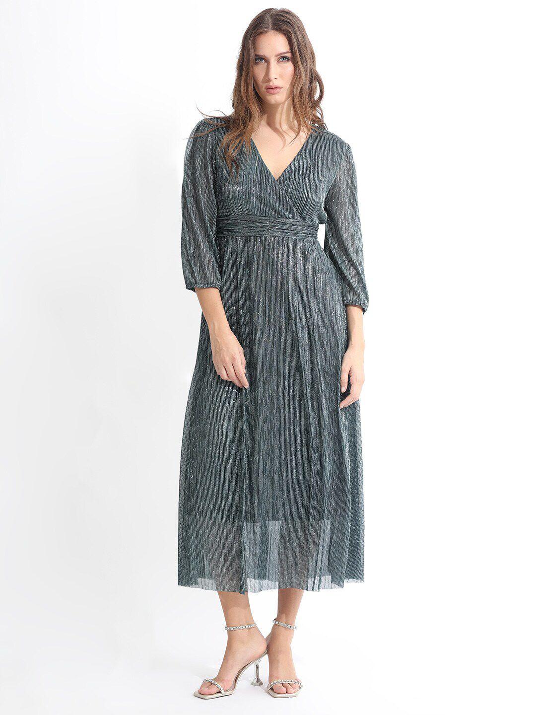 rareism self design cuffed sleeves fit & flare midi dress