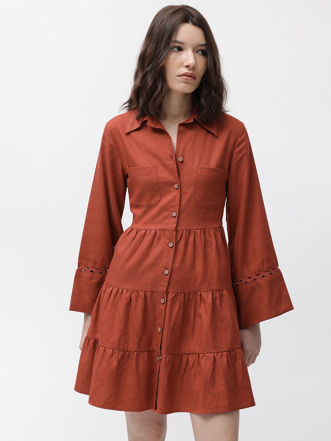 rareism shirt collar flared sleeves tiered cotton mini shirt dress