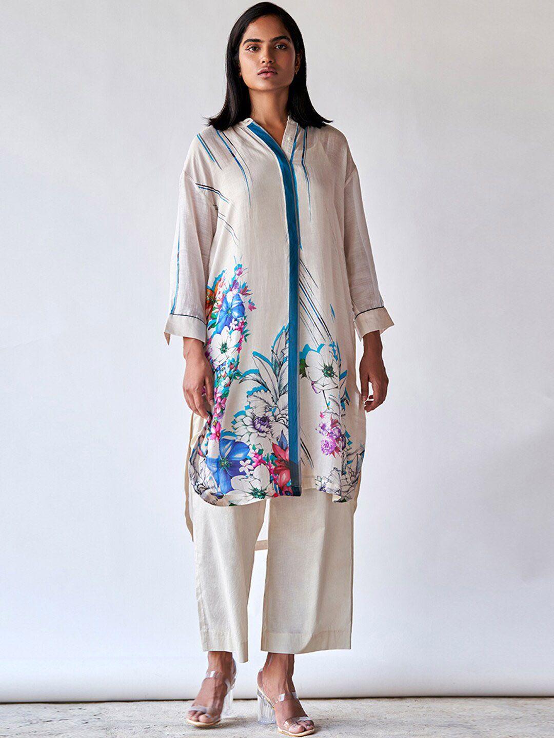 ganga floral printed mandarin collar kurta with palazzos