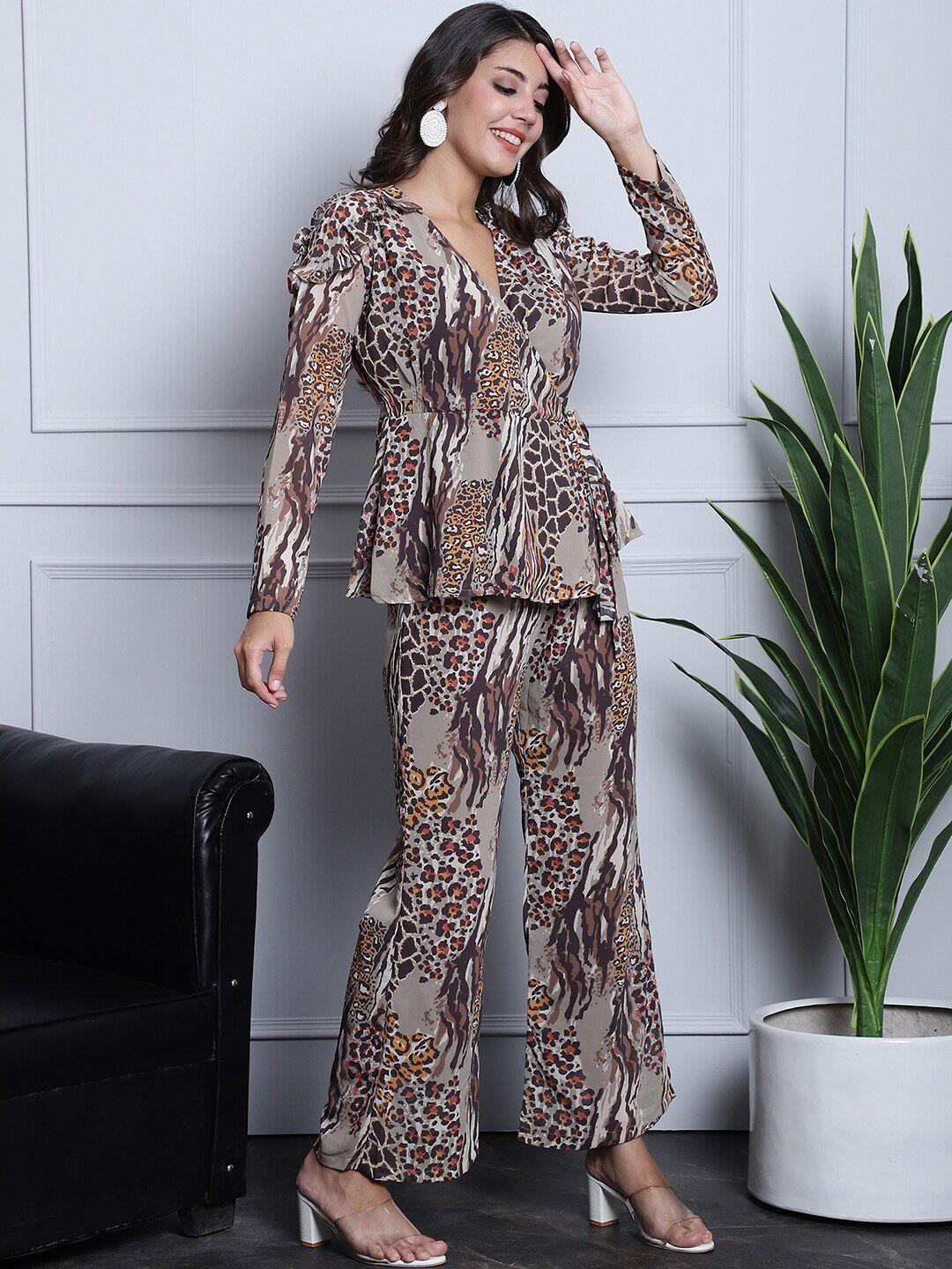 claura grey & brown animal skin printed top & palazzo