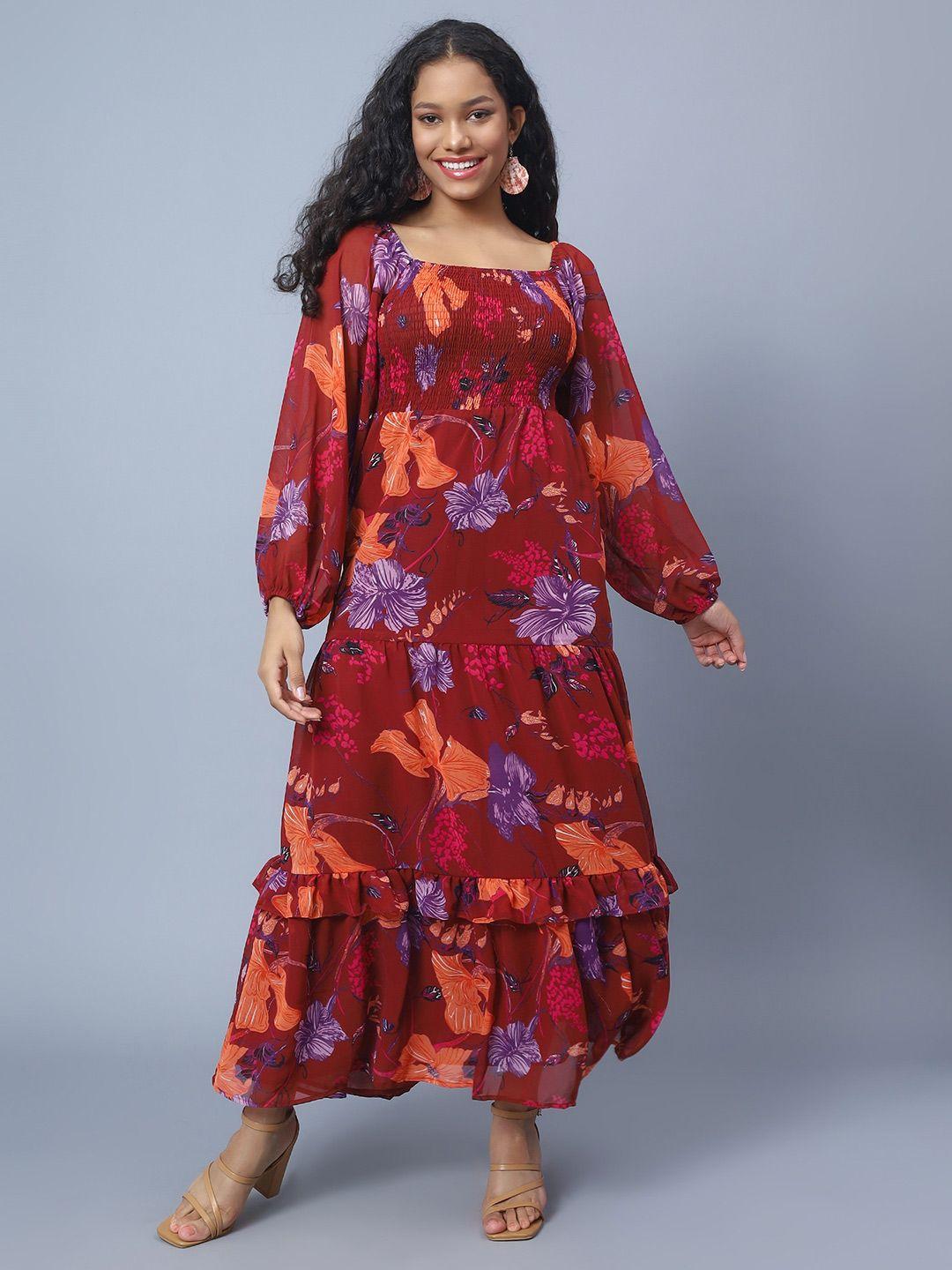 amagyaa floral printed square neck puff sleeve smocked tiered maxi dress